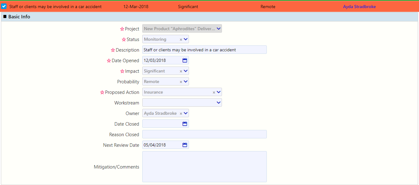 edit a risk / Comidor Digital Automation Platform