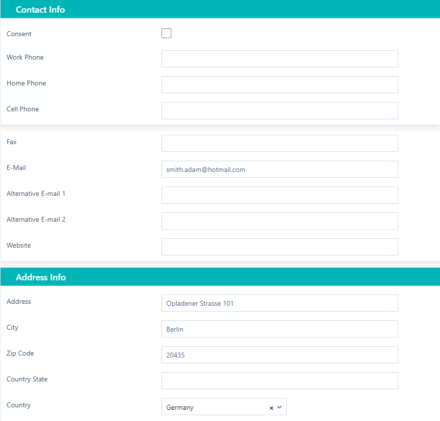 contact and adress info - Lead v.6| Comidor Platform