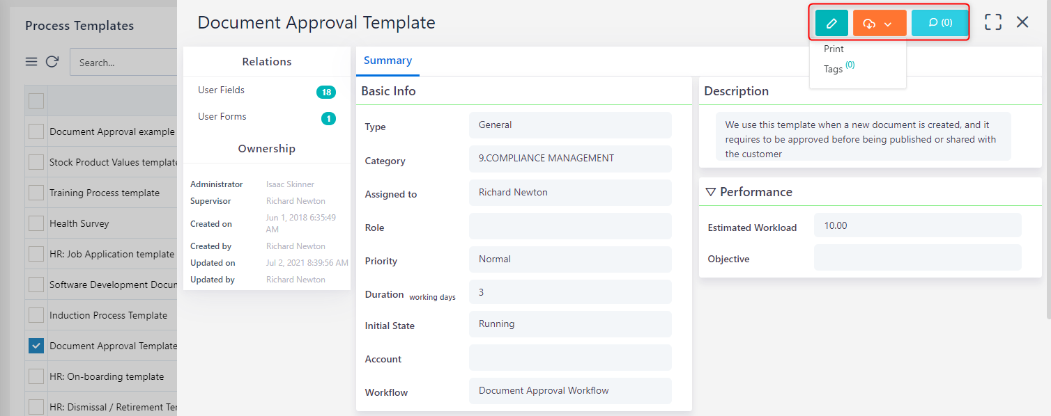 Process template actions | Comidor Platform