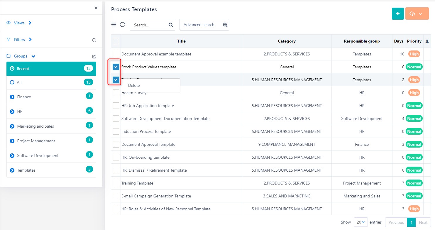 Process template actions | Comidor Platform