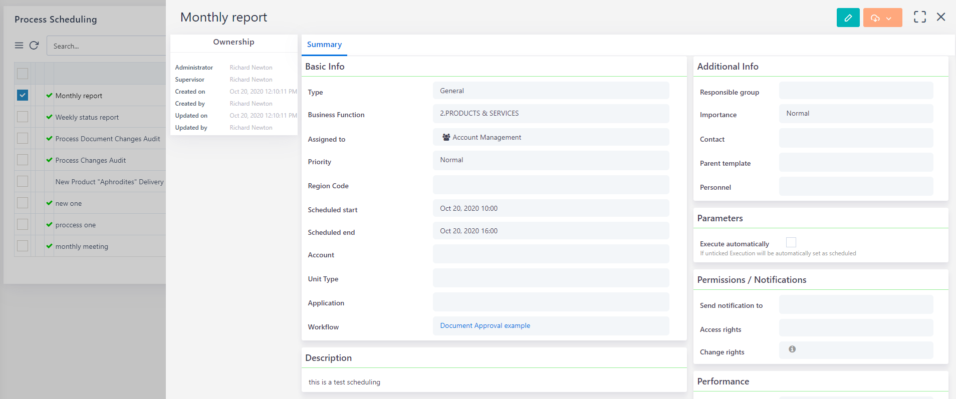 Process Scheduling view| Comidor Platform