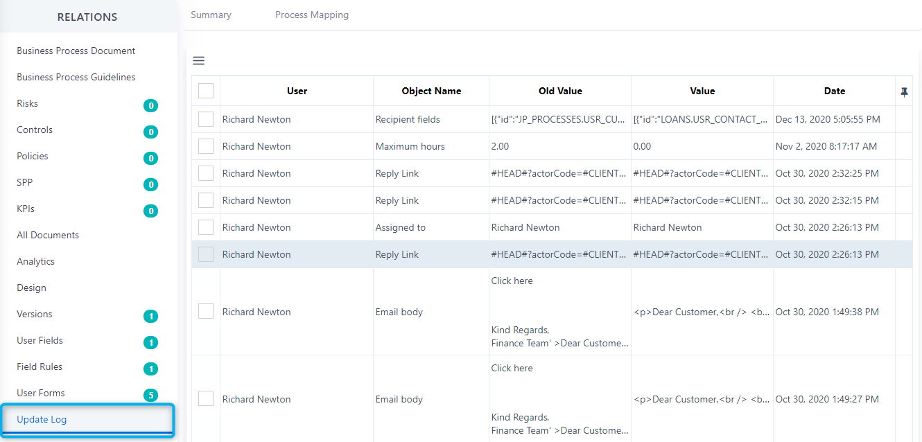 Workflow update log | Comidor Platform