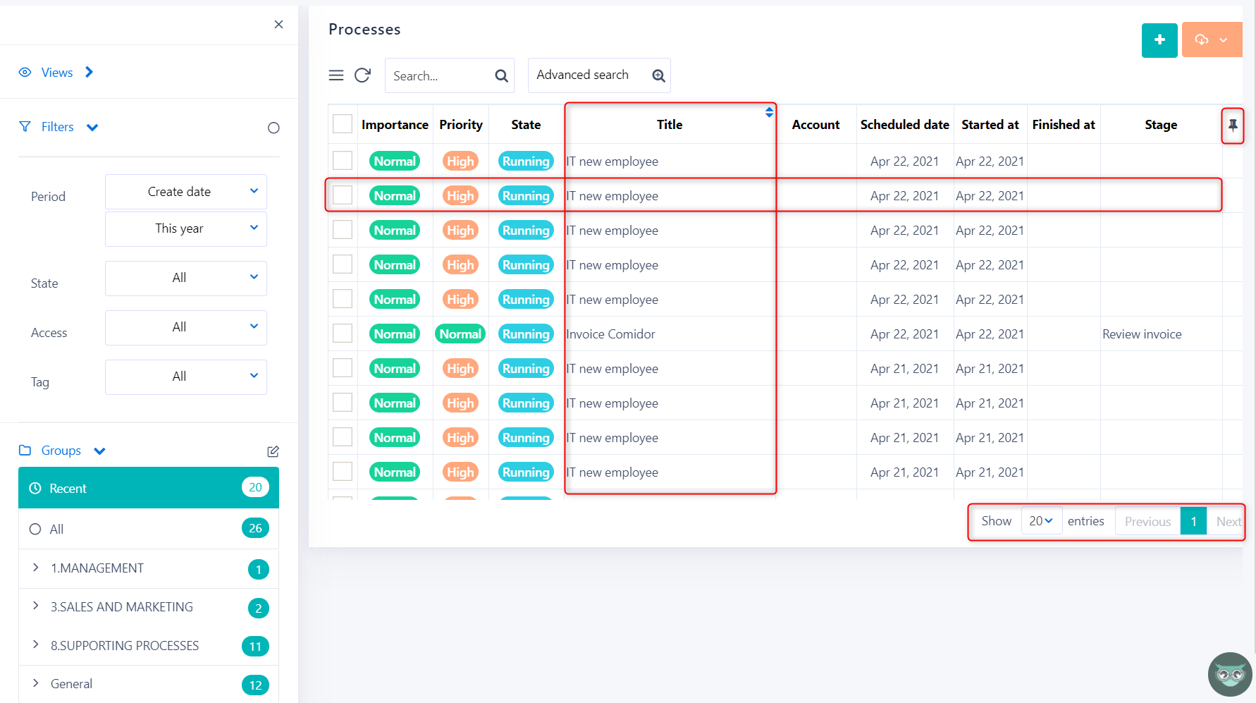 records table v.6| Comidor Platform