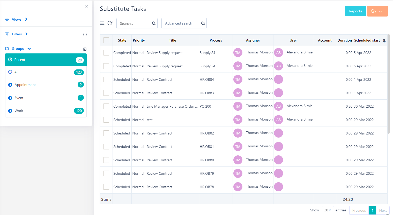 substitute tasks table | Comidor Platform