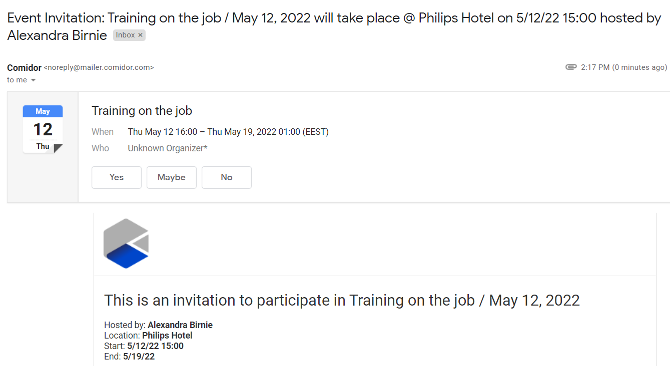 email sent for the training v.6.2| Comidor Platform